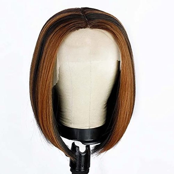 Short Straight Bob Highlights T Lace Front Wigs - Picture 8 of 8